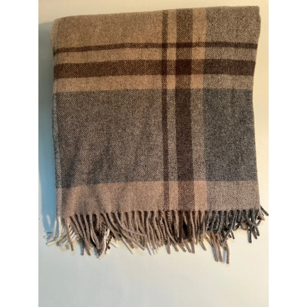 Tessilechiti Brown Cream Plaid Wool/Cashmere Fringed Throw Car Blanket 51
